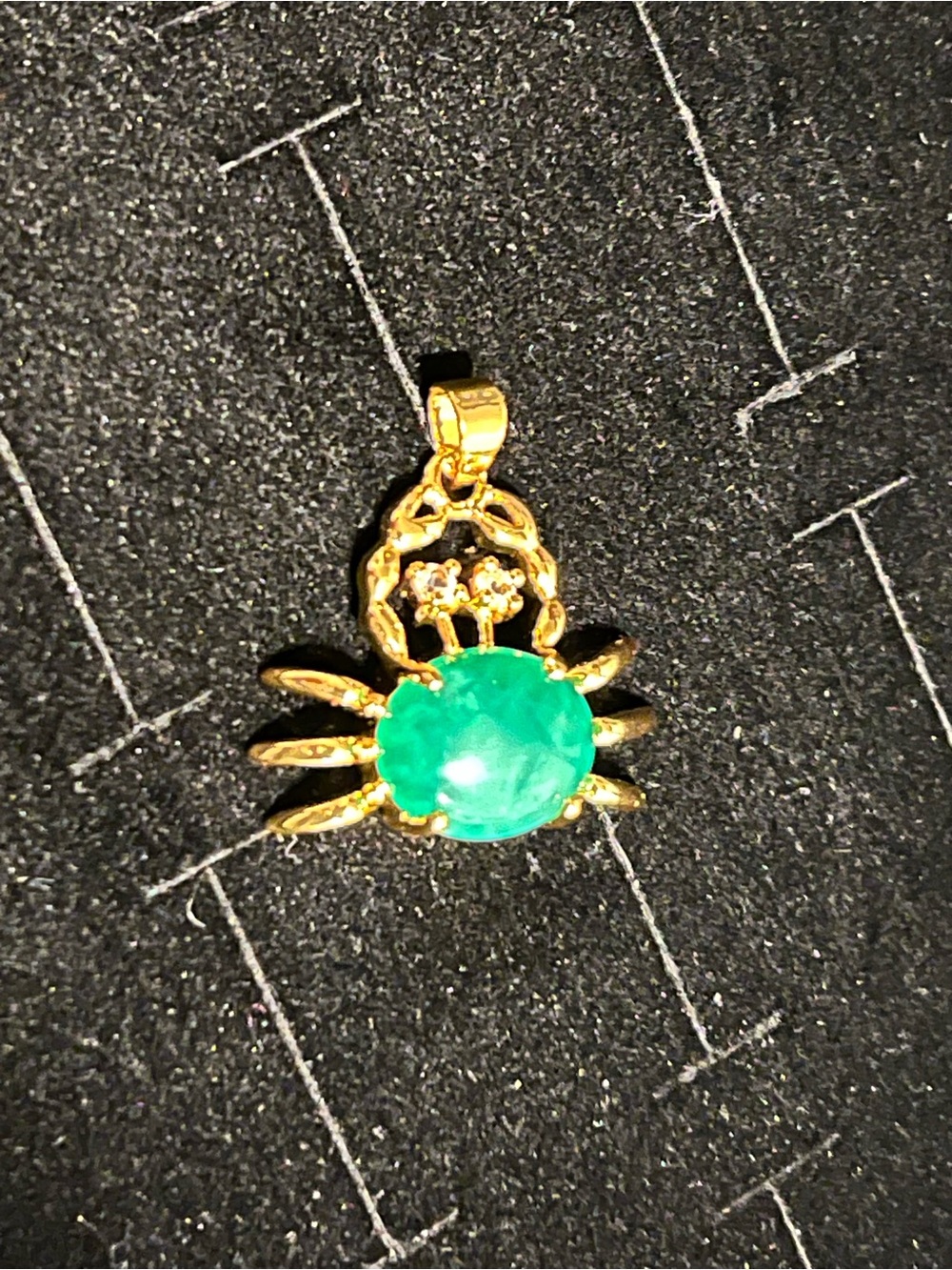 Gold toned Crab Pendant Necklace with Green Jade Stone Clear Quartz